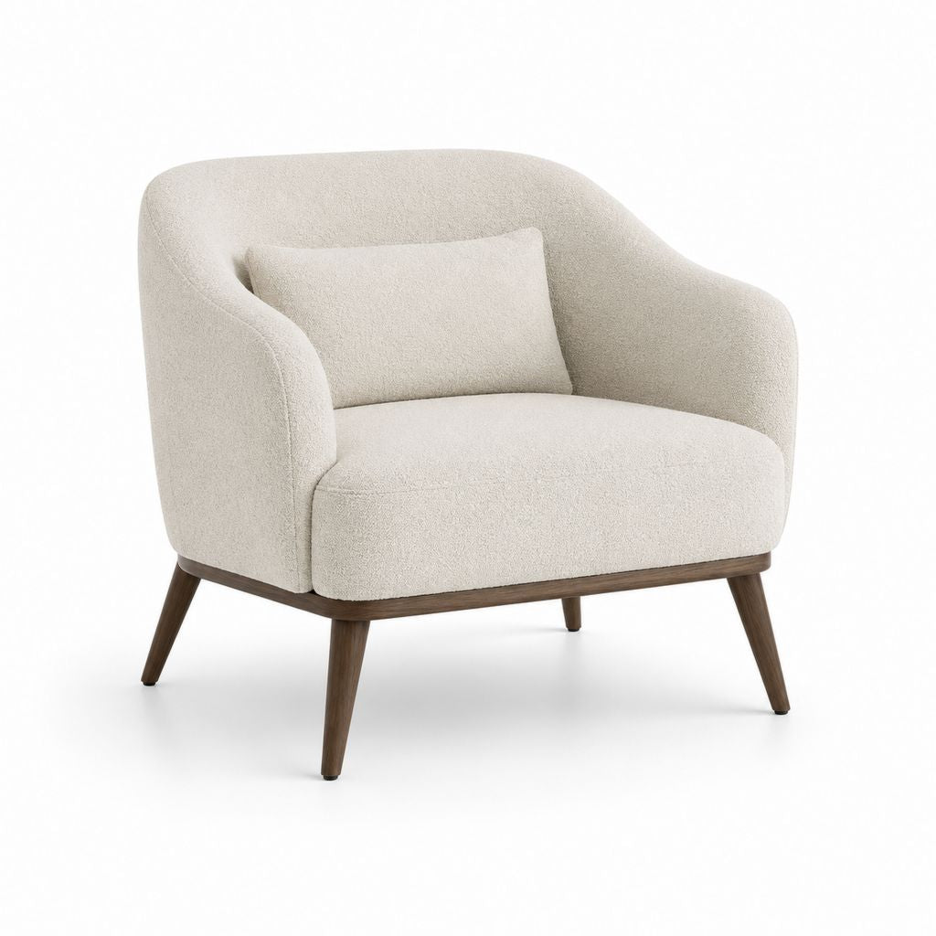 Fauteuil lounge arrondi en mousse de polyester avec coussin et jambes en bois massif, blanc cassé et brun noyer, 88 × 82 × 79 cm