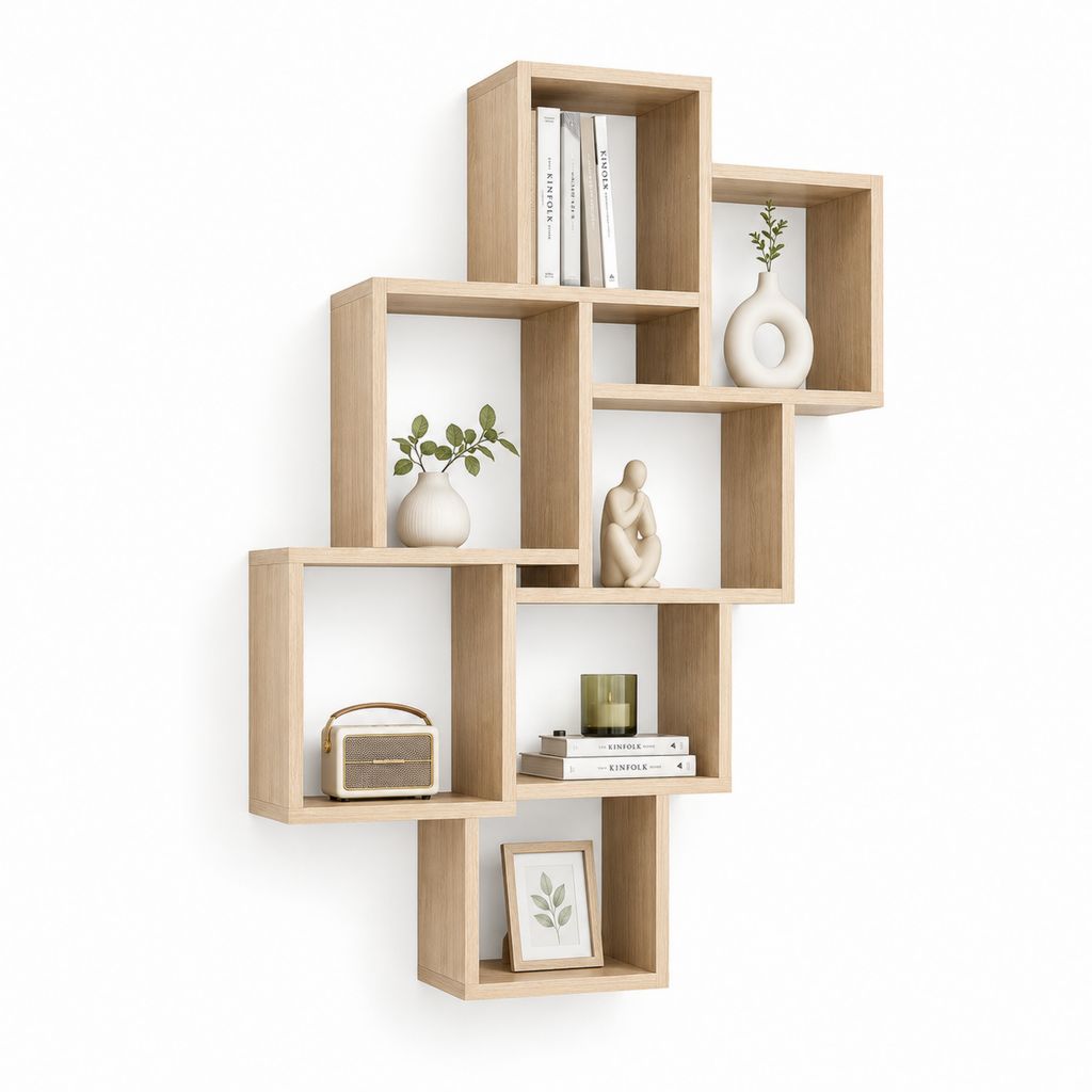 Bibliothèque géométrique murale en MDF mélaminé effet chêne clair, 100 × 20 × 130 cm