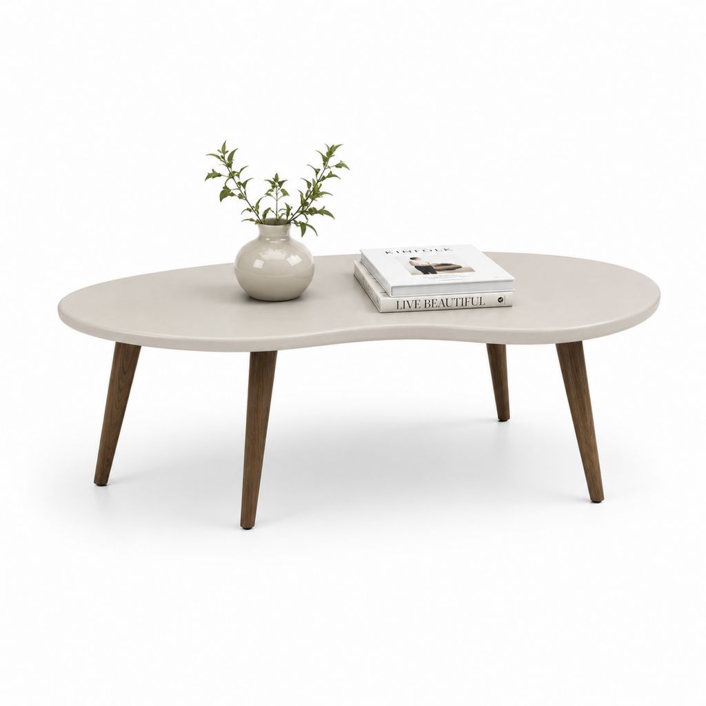 Table basse en MDF laqué avec pieds en bois massif, forme organique, beige et brun noyer, 120 × 60 × 45 cm