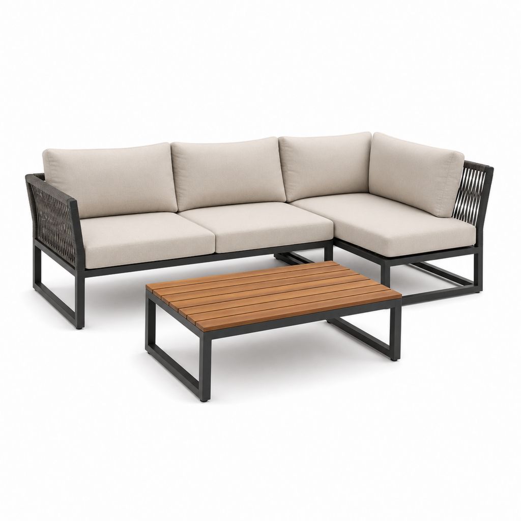 Ensemble salon d'extérieur angulaire 3 pièces en aluminium et acacia avec coussins beige, 220 × 150 × 70 cm