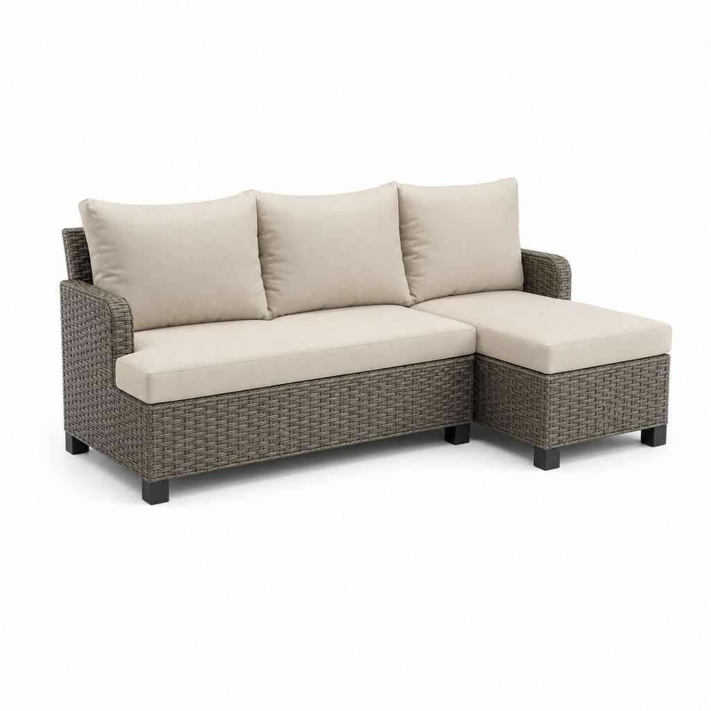Canapé angulaire d'extérieur à 3 places en polyrattan et acier avec péninsule, coussins beige et structure gris tourterelle, 190 × 130 × 75 cm