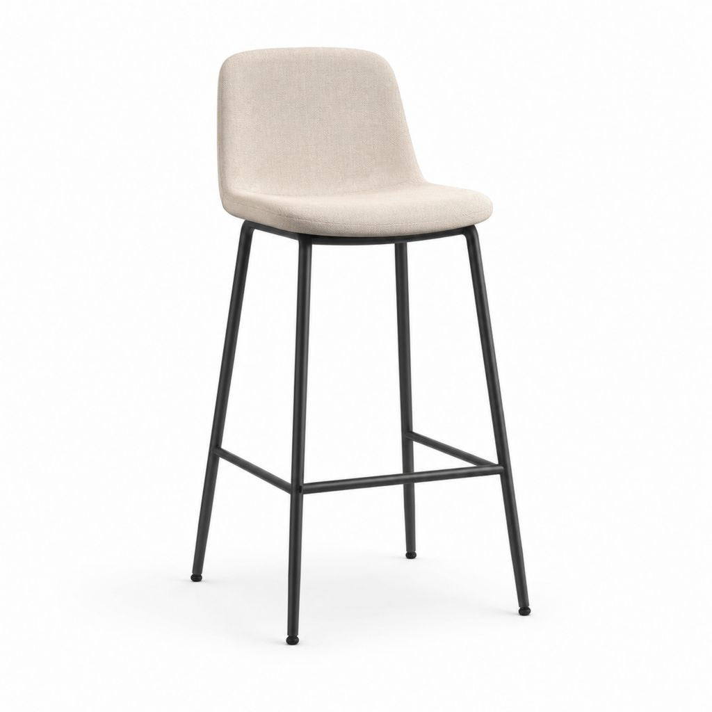 Tabouret de bar rembourré en tissu beige avec structure en acier noir, 48 × 52 × 101 cm
