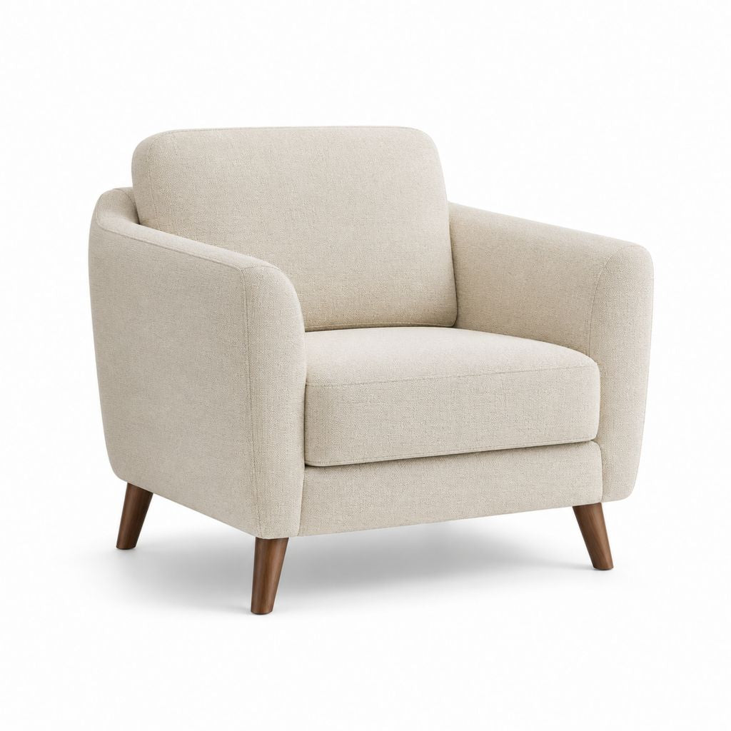 Fauteuil rembourré beige avec accoudoirs arrondis, revêtement en tissu et jambes en bois massif, 84 × 86 × 85 cm