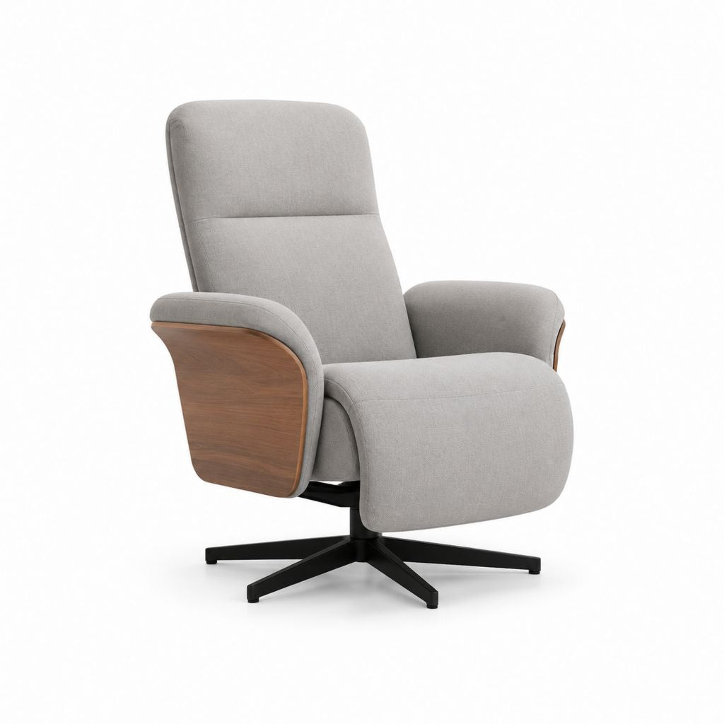 Fauteuil inclinable pivotant gris clair en polyester avec dossier haut et base en acier noir, 76 × 88 × 105 cm