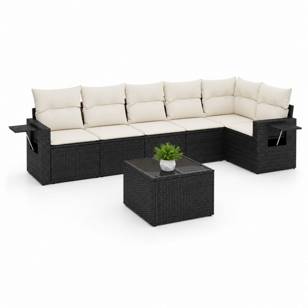 Set salon de jardin en L en polyrattan noir et crème, 7 places avec table basse, 310 × 140 × 73 cm, 8 pièces