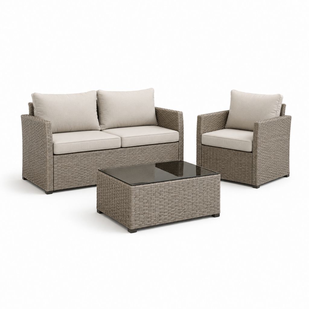 Salon de jardin 3 pièces en résine tressée PE tourterelle avec coussins beige, canapé 128 × 70 × 75 cm, fauteuil 70 × 70 × 75 cm et table basse 80 × 50 × 35 cm
