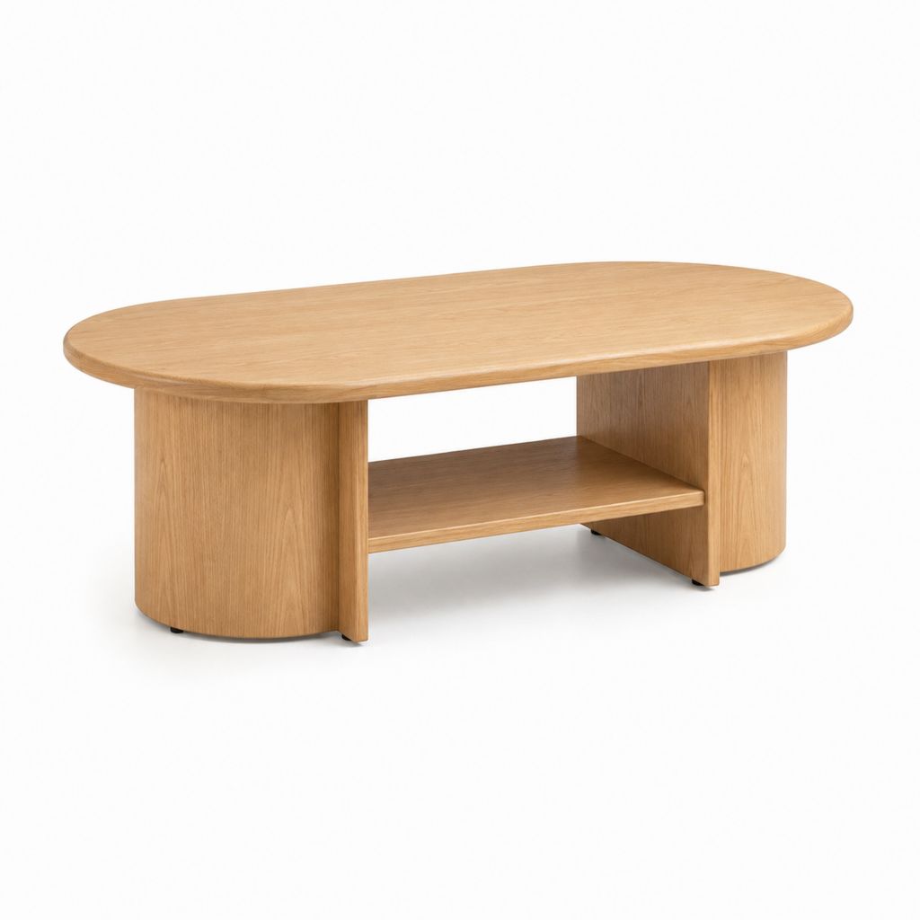 Table basse de salon ovale en MDF plaqué chêne naturel avec plateau, 110 × 55 × 45 cm