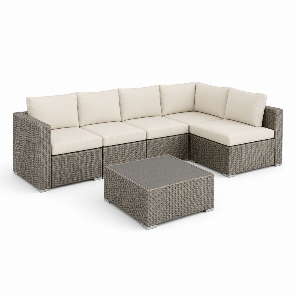 Ensemble de canapé angulaire modulaire de jardin à 5 places, 6 pièces en résine tressée PE gris tourterelle avec coussins beige et table basse, 270 × 210 × 75 cm