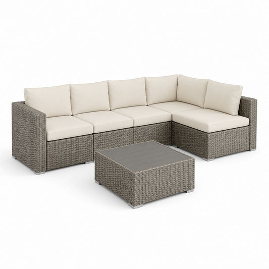 Ensemble de canapé angulaire modulaire de jardin à 5 places, 6 pièces en résine tressée PE gris tourterelle avec coussins beige et table basse, 270 × 210 × 75 cm