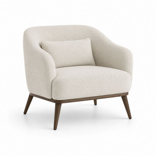Fauteuil lounge arrondi en mousse de polyester avec coussin et jambes en bois massif, blanc cassé et brun noyer, 88 × 82 × 79 cm
