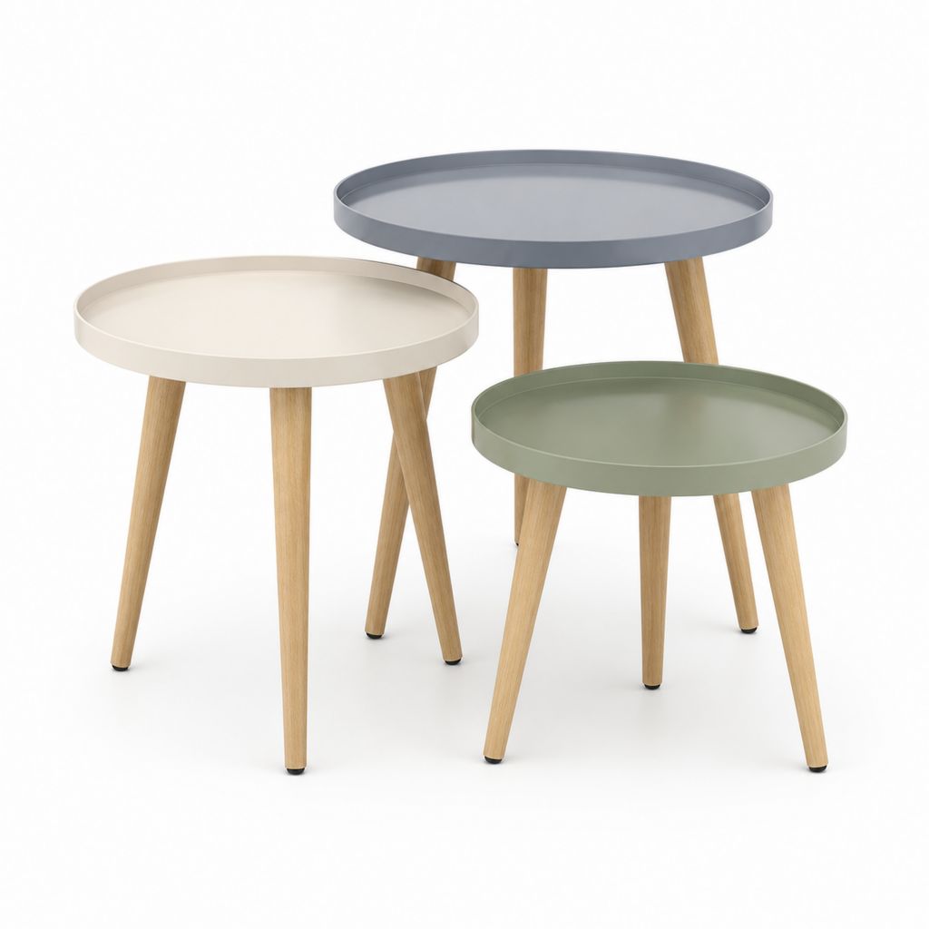 Ensemble de 3 tables rondes en MDF et pin massif, gris, crème et vert sauge, Ø48 × 50 cm, Ø45 × 45 cm et Ø40 × 40 cm