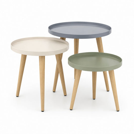 Ensemble de 3 tables rondes en MDF et pin massif, gris, crème et vert sauge, Ø48 × 50 cm, Ø45 × 45 cm et Ø40 × 40 cm