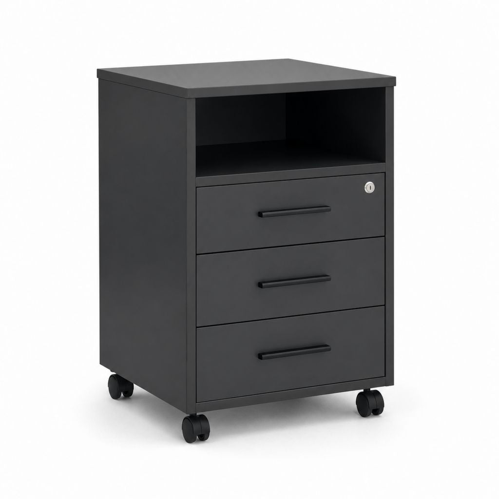 Tiroirs de bureau en bois noir avec 3 tiroirs, compartiment ouvert, serrure et roues, 40 × 40 × 65 cm