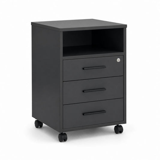 Tiroirs de bureau en bois noir avec 3 tiroirs, compartiment ouvert, serrure et roues, 40 × 40 × 65 cm