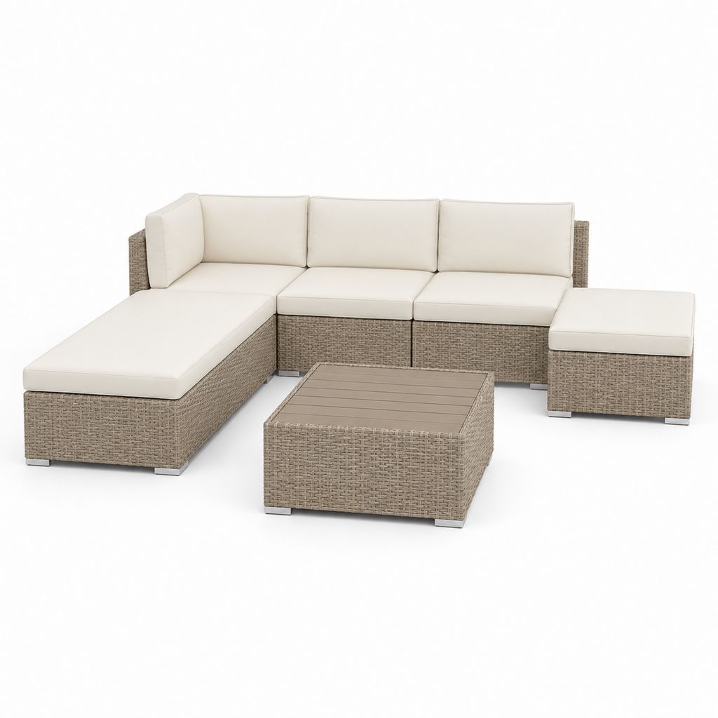 Salon d'angle en L de l'extérieur 4 places en résine tressée PE beige tourterelle avec péninsule, repose-pieds et table basse, 282 × 204 × 67 cm