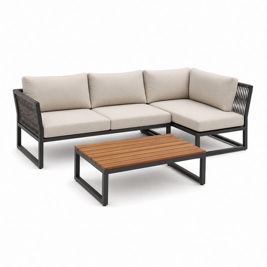 Ensemble salon d'extérieur angulaire 3 pièces en aluminium et acacia avec coussins beige, 220 × 150 × 70 cm