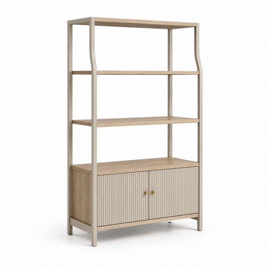 Bibliothèque rectangulaire avec mobile à 2 portes et 4 étagères en acier, MDF et truciolaire, chêne naturel et tourterelle, 90 × 35 × 180 cm