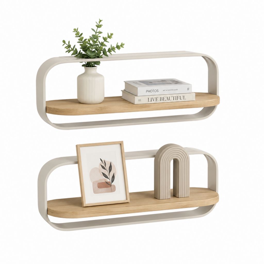 Ensemble de 2 étagères rectangulaires arrondies en acier et MDF, beige et chêne naturel, 60 × 15 × 25 cm