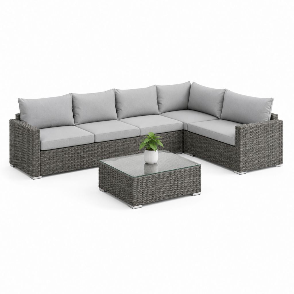 Ensemble extérieur 2 pièces avec canapé angulaire L 5 places en résine tressée PE gris 260 × 200 × 74 cm et table basse en verre 100 × 55 × 35 cm