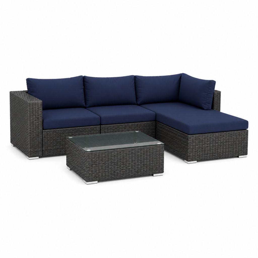 Set salon de jardin en L 3 pièces en polyrattan gris foncé avec coussins bleu marine, 228 × 145 × 73 cm