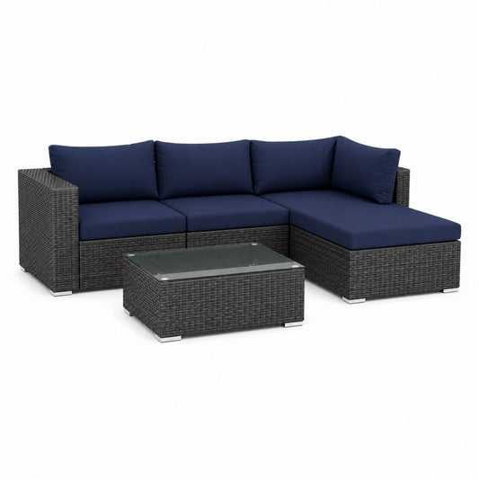 Set salon de jardin en L 3 pièces en polyrattan gris foncé avec coussins bleu marine, 228 × 145 × 73 cm