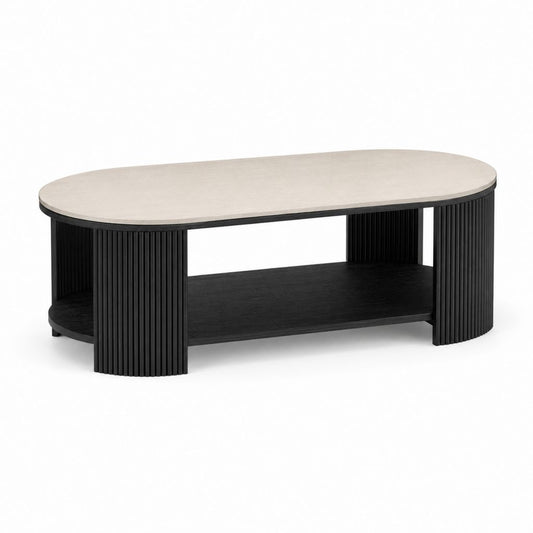 Table basse de salon ovale en MDF mélaminé beige clair et noir avec plateau inférieur, 120 × 60 × 45 cm