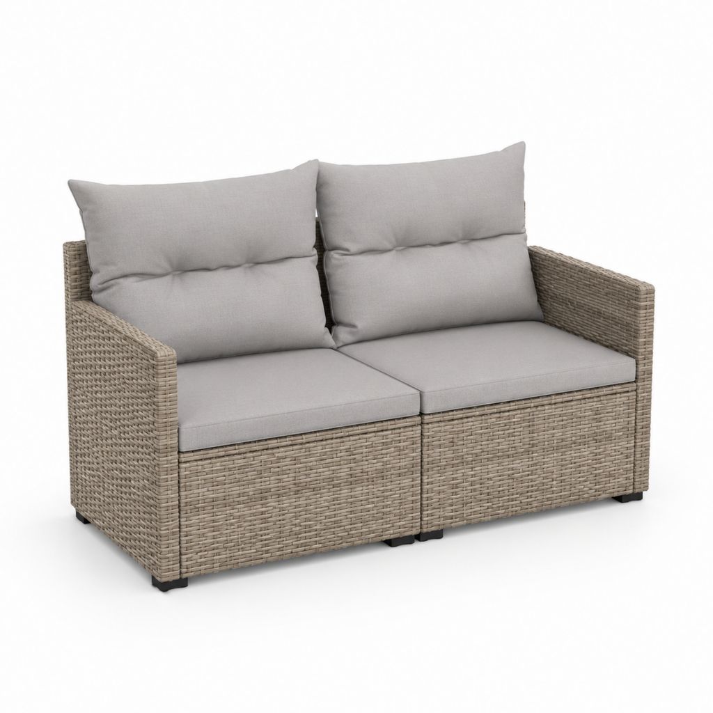 Canapé de jardin à 2 places en set de 2 modules en polyrattan tourterelle avec coussins gris clair, 126 × 68 × 74 cm