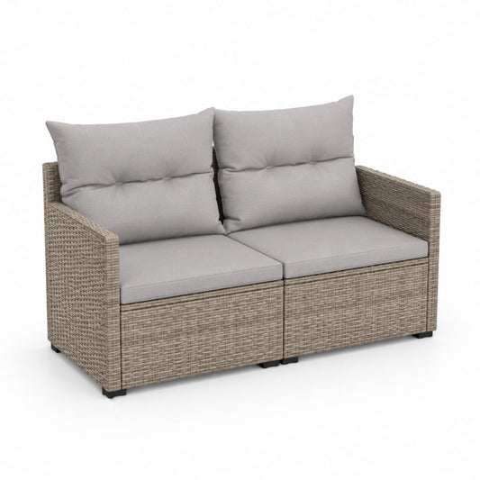 Canapé de jardin à 2 places en set de 2 modules en polyrattan tourterelle avec coussins gris clair, 126 × 68 × 74 cm