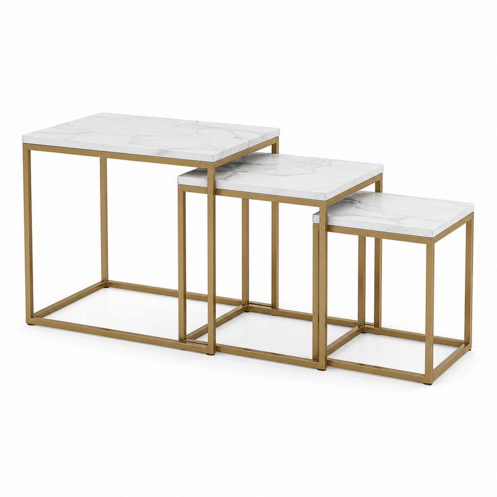 Ensemble de 3 tables basses de salon empilables rectangulaires en MDF et acier, blanc effet marbre et or, 60 × 40 × 55 cm, 50 × 35 × 45 cm et 40 × 30 × 35 cm