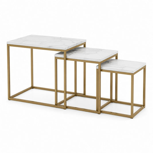 Ensemble de 3 tables basses de salon empilables rectangulaires en MDF et acier, blanc effet marbre et or, 60 × 40 × 55 cm, 50 × 35 × 45 cm et 40 × 30 × 35 cm