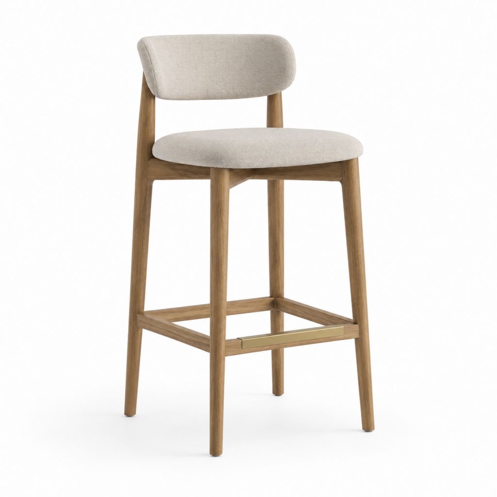 Tabouret de bar rembourré en bois et tissu beige avec dossier et repose-pieds, 52 × 54 × 99 cm, hauteur assise 75 cm