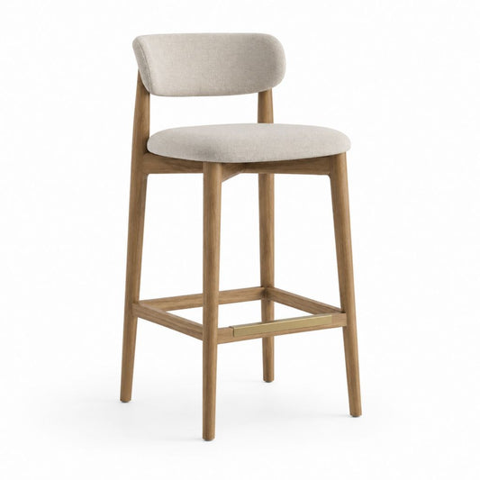Tabouret de bar rembourré en bois et tissu beige avec dossier et repose-pieds, 52 × 54 × 99 cm, hauteur assise 75 cm