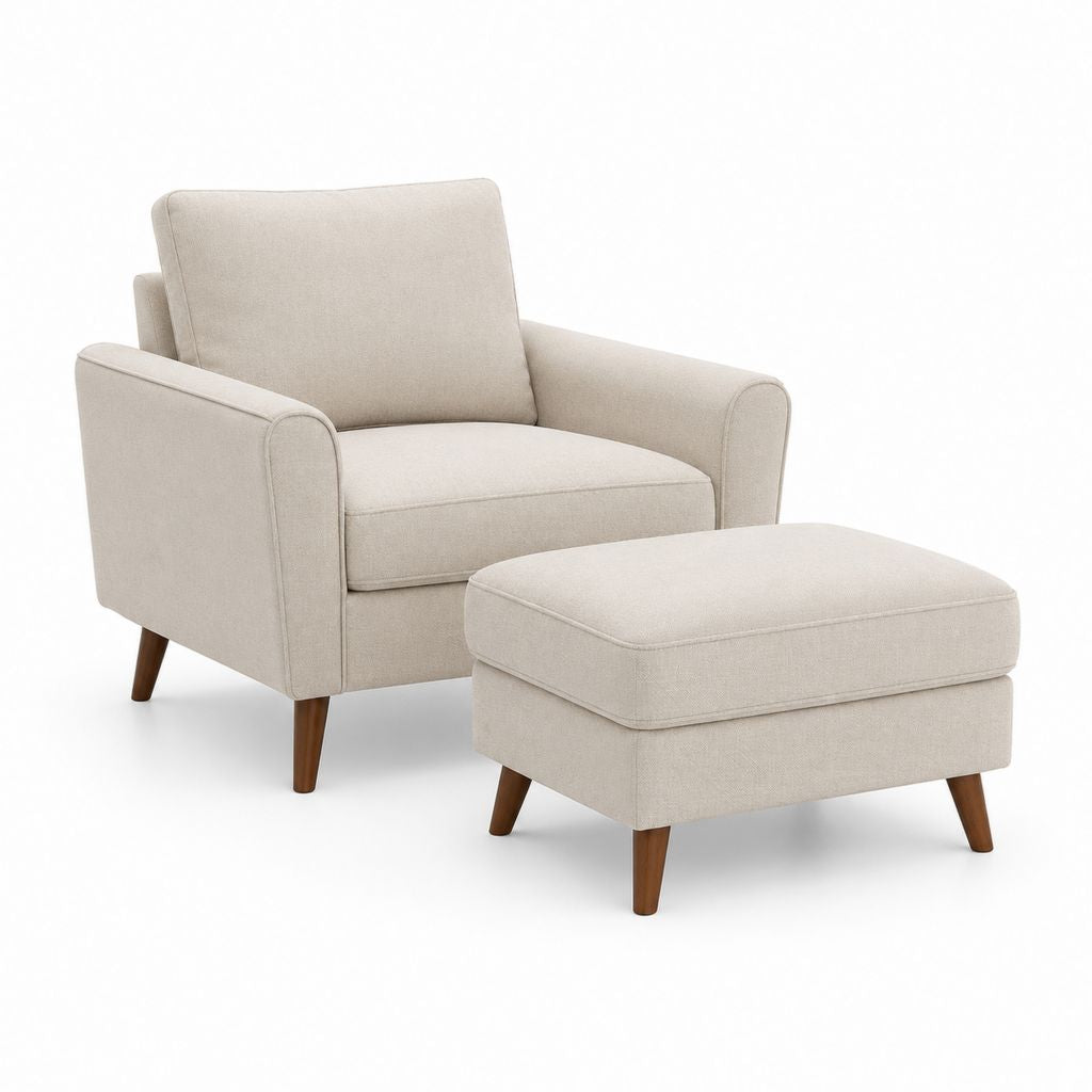 Set fauteuil et repose-pieds en tissu beige avec pieds en bois, fauteuil 82 × 86 × 88 cm et repose-pieds 65 × 52 × 44 cm