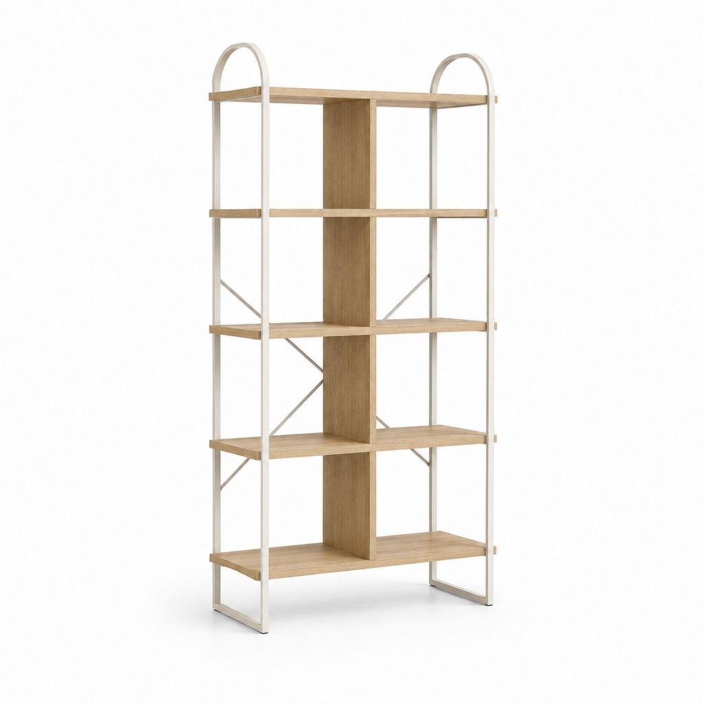 Bibliothèque de sol à 5 étagères en MDF effet chêne et acier blanc cassé, 80 × 30 × 160 cm