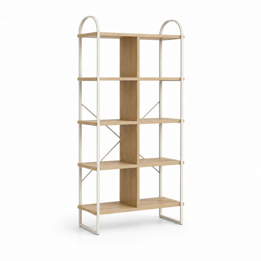 Bibliothèque de sol à 5 étagères en MDF effet chêne et acier blanc cassé, 80 × 30 × 160 cm