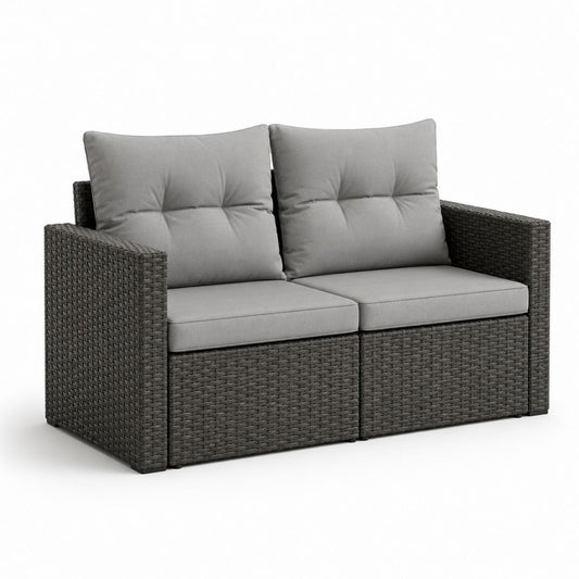 Canapé extérieur à 2 places en résine tressée PE gris foncé avec coussins gris, 130 × 70 × 74 cm