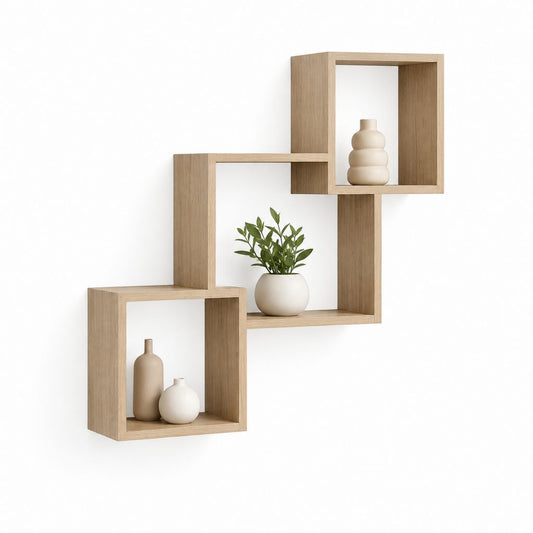 Ensemble de 3 étagères cubiques murales en maquillage mélaminique, chêne naturel, 2 de 30 × 15 × 30 cm et 1 de 40 × 15 × 40 cm