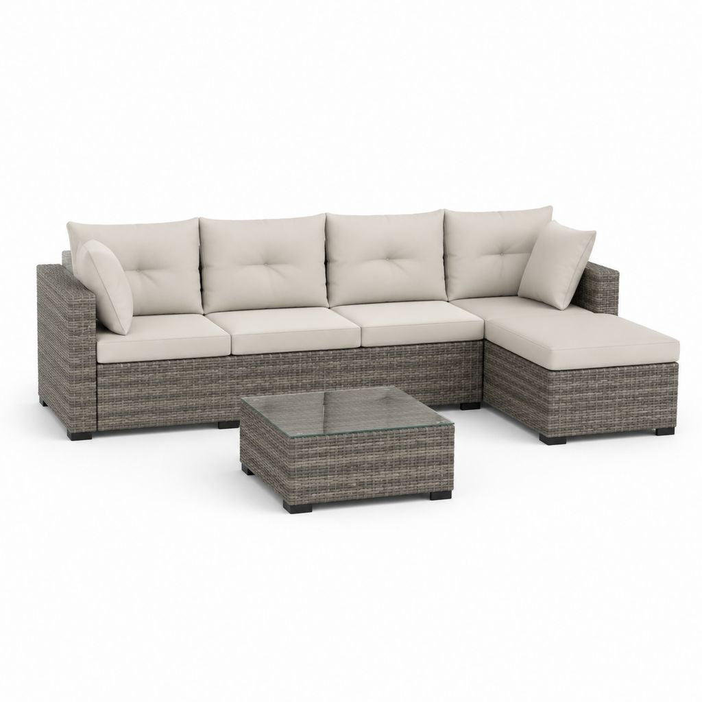 Set salon d'angle d'extérieur 3 pièces en polyrattan gris avec coussins beige et table basse en verre, 210 × 150 × 65 cm