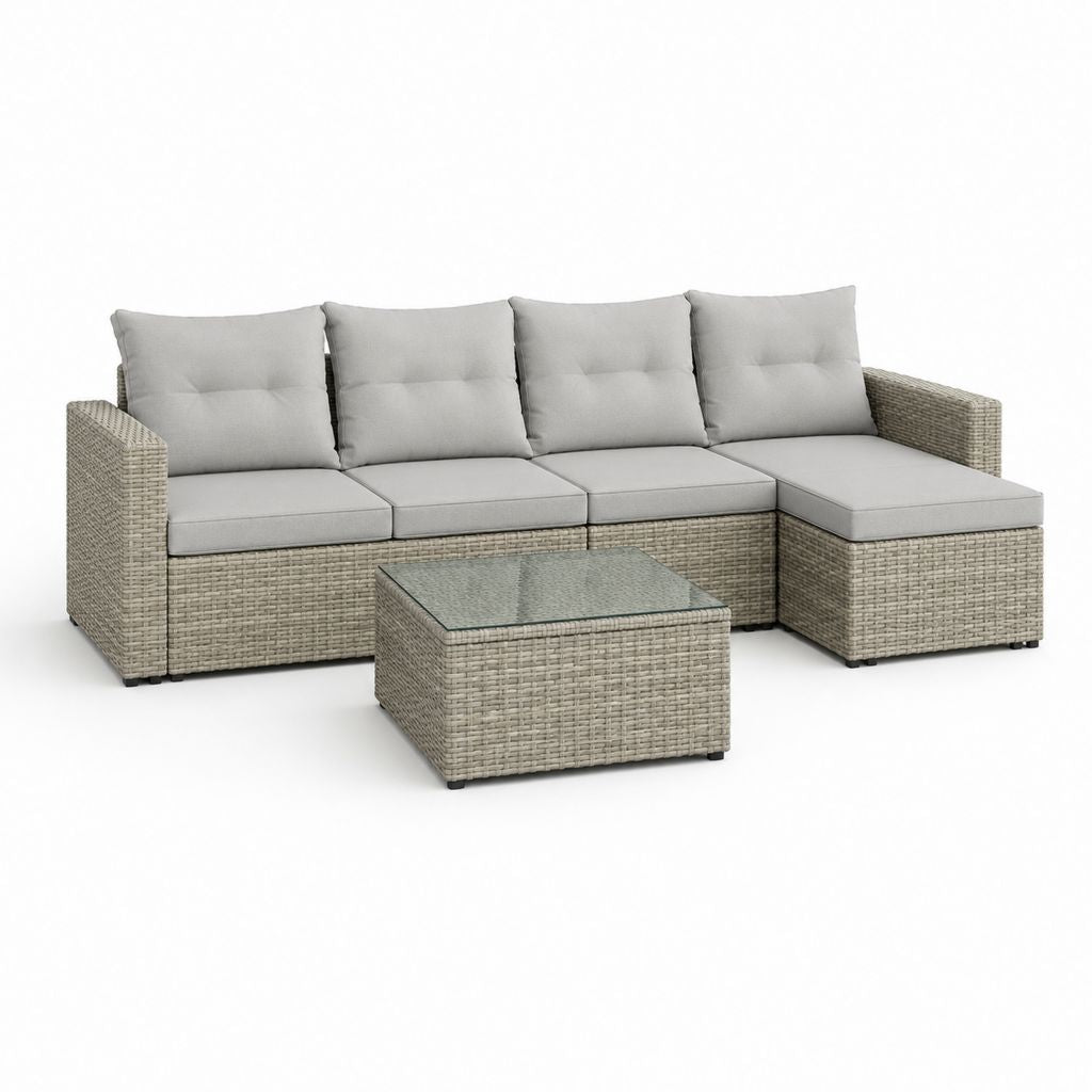 Ensemble extérieur 5 pièces en résine tressée PE et acier, canapé angulaire à 4 places 238 × 139 × 68 cm avec table basse 70 × 70 × 33 cm, gris clair