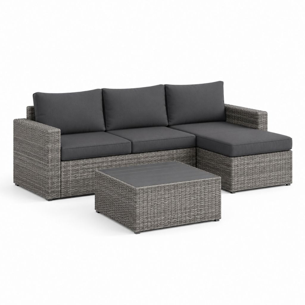 Set salon de jardin 2 pièces avec canapé angulaire à 3 places et table basse en résine tressée PE gris, 234 × 149 × 65 cm