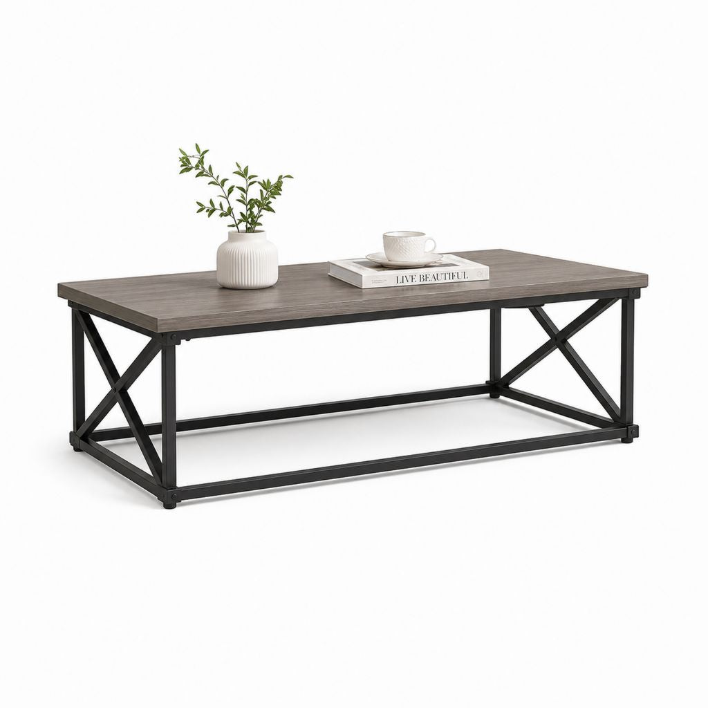 Table basse de salon rectangulaire en panneau de particules et acier, 120 × 60 × 45 cm, gris chêne et noir