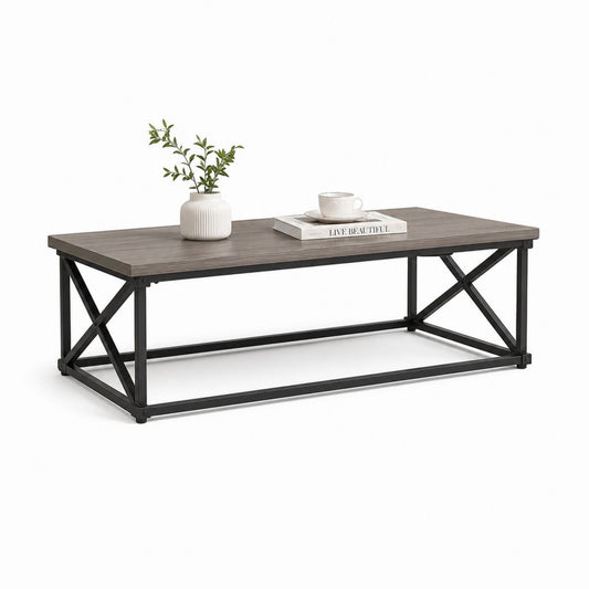 Table basse de salon rectangulaire en panneau de particules et acier, 120 × 60 × 45 cm, gris chêne et noir