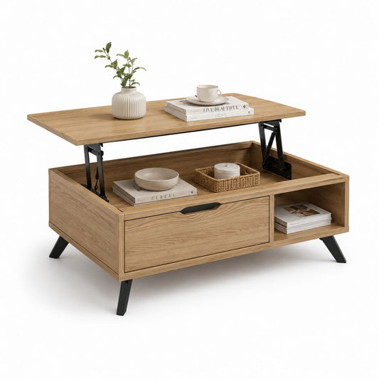 Table basse rectangulaire en maquillage mélaminé effet chêne naturel avec tiroir, compartiment ouvert et jambes en acier noir, 100 × 50 × 48-62 cm