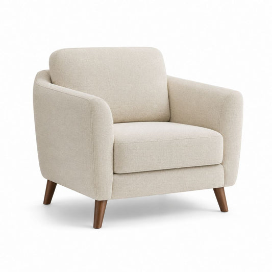 Fauteuil rembourré beige avec accoudoirs arrondis, revêtement en tissu et jambes en bois massif, 84 × 86 × 85 cm