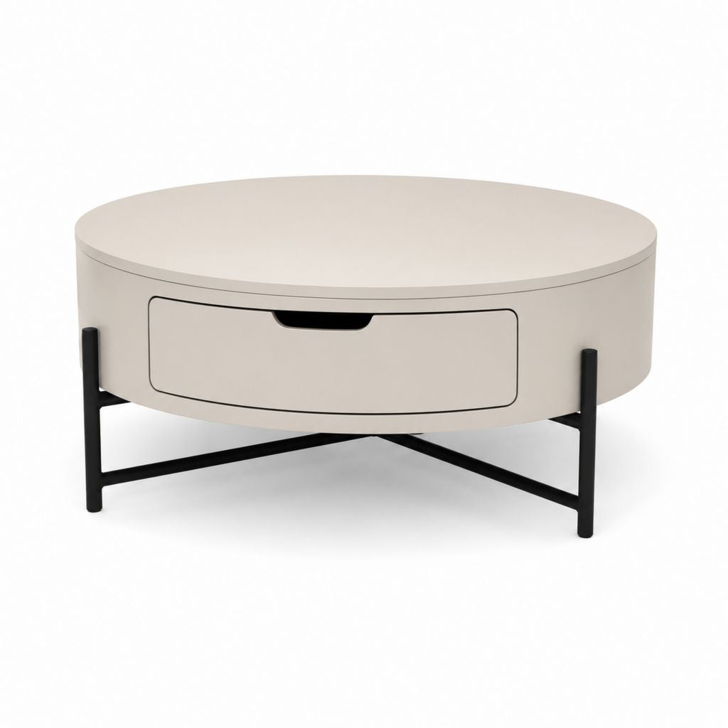 Table basse ronde avec tiroir en MDF laqué et acier peint, beige et noir, Ø 80 x H 45 cm