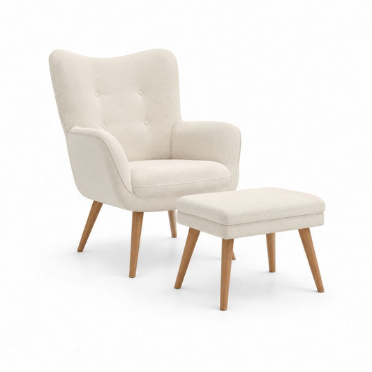 Fauteuil avec repose-pieds, avec 2 pièces en polyester et bois massif, crème, 75 × 82 × 98 cm et 58 × 43 × 42 cm