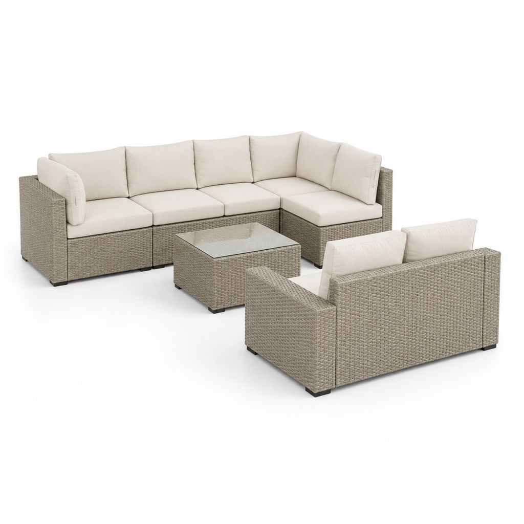 Ensemble salon de jardin modulaire 8 pièces en résine tressée PE, canapé angulaire 258 × 198 × 74 cm, canapé 140 × 75 × 74 cm et table basse 70 × 70 × 35 cm, tourterelle et beige