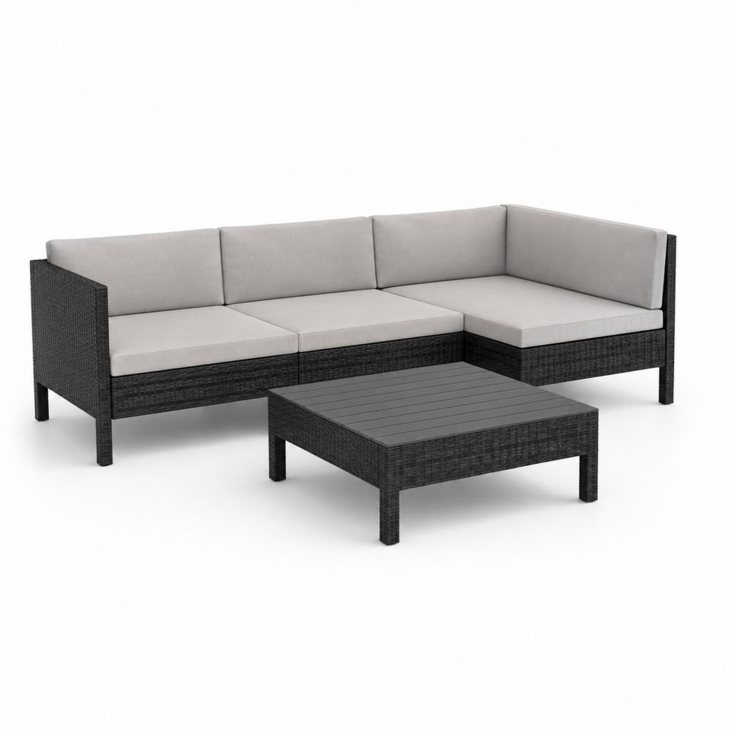 Salon de jardin 3 pièces pour 3 personnes avec canapé angulaire en L et table basse en résine tressée PE noir, coussins gris clair, 216 × 145 × 75 cm