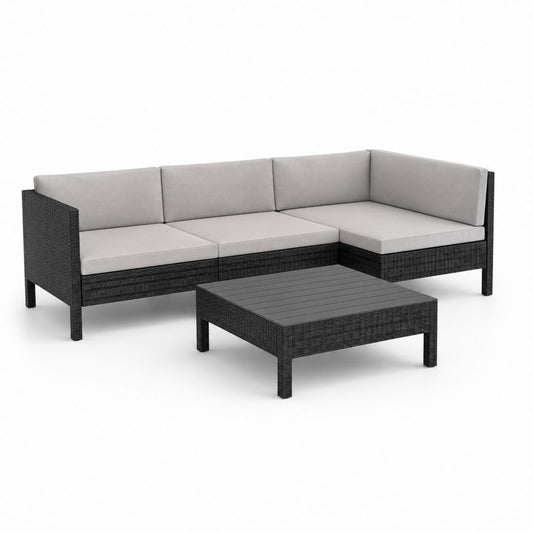 Salon de jardin 3 pièces pour 3 personnes avec canapé angulaire en L et table basse en résine tressée PE noir, coussins gris clair, 216 × 145 × 75 cm