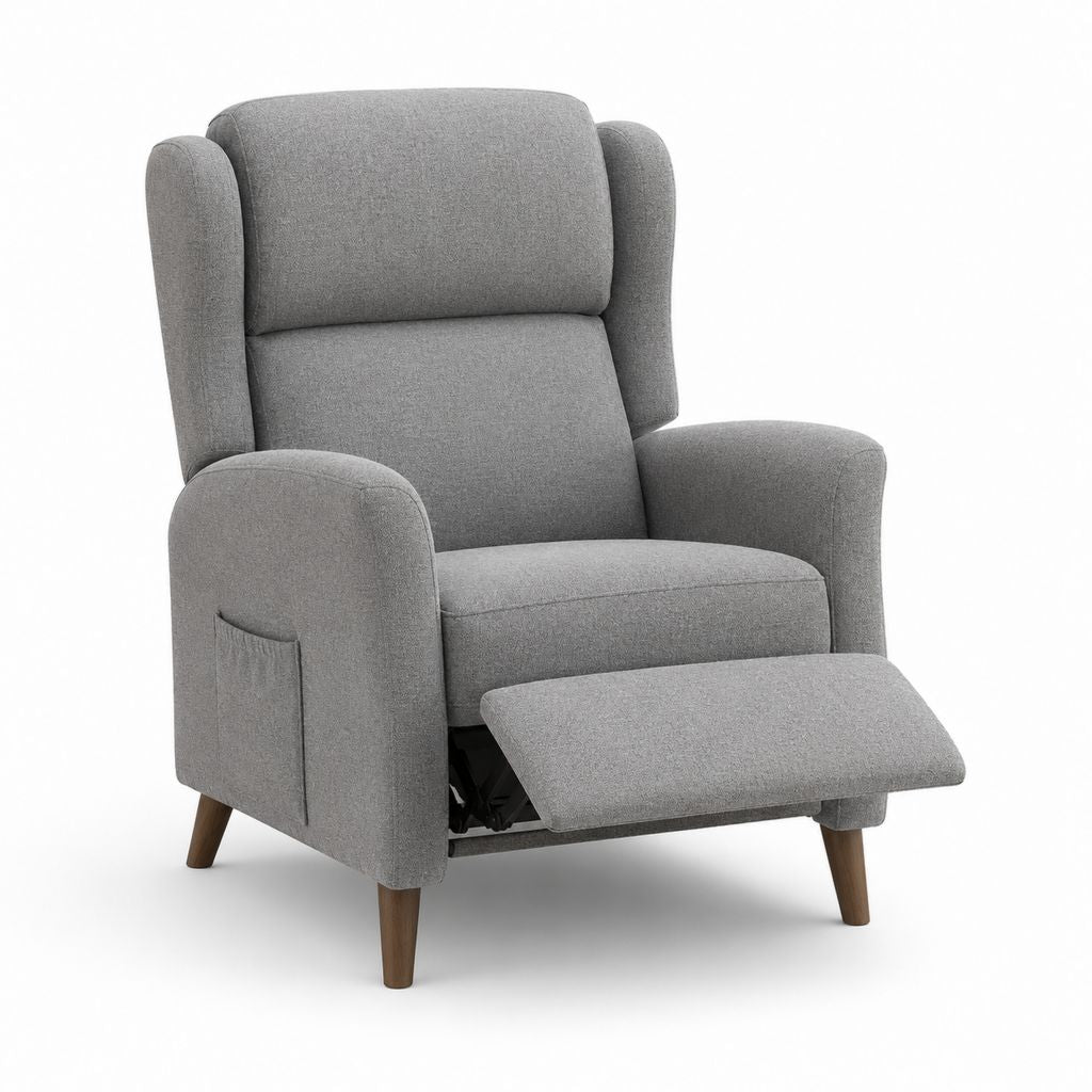 Fauteuil inclinable manuel avec repose-pieds et dossier haut, gris polyester, 76 × 92 × 105 cm